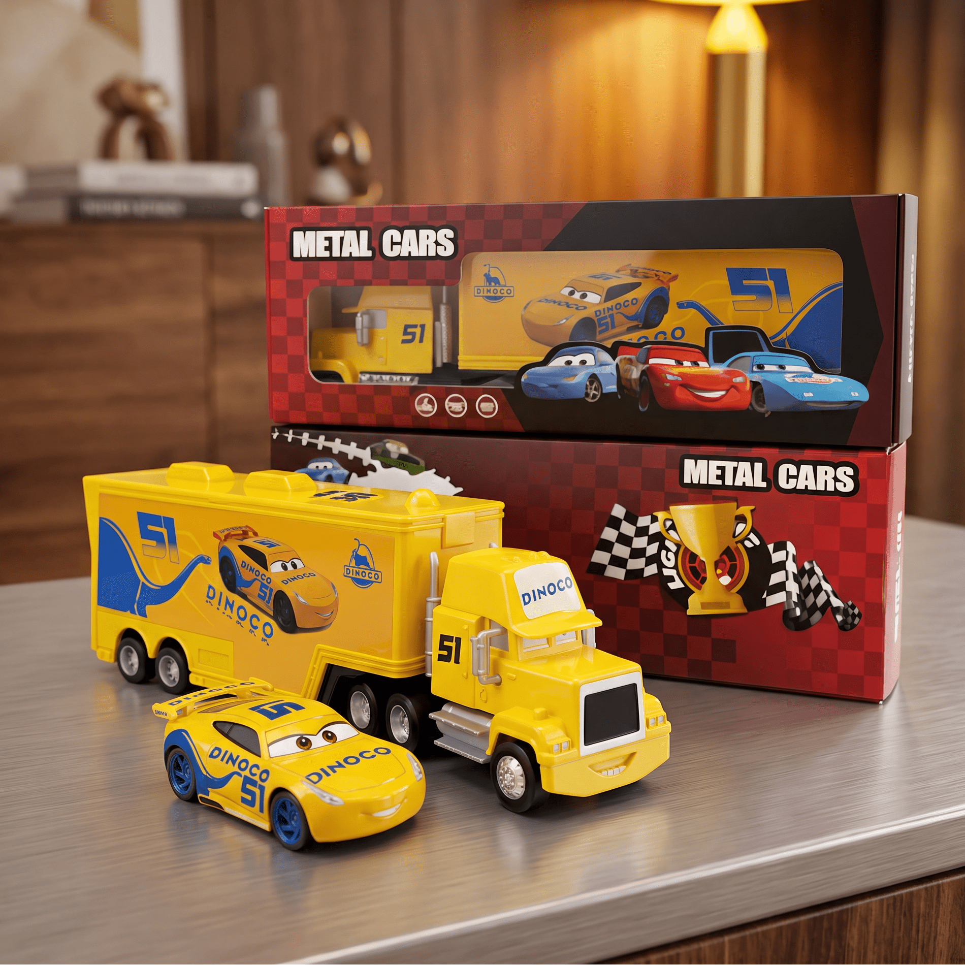 A toy metal car set featuring a yellow semi-truck